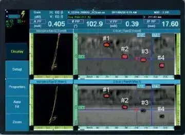 Interfaz de software de inspección por Corrientes de Eddy mostrando plano de impedancia y vista C-Scan con defectos identificados.